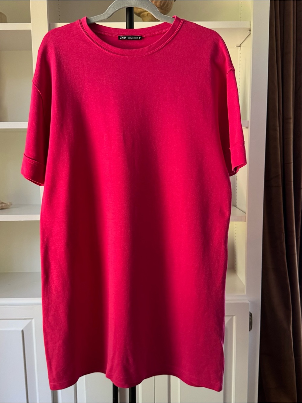 Zara Women Short Sleeve Crewneck Shirt Dress - Fuchsia